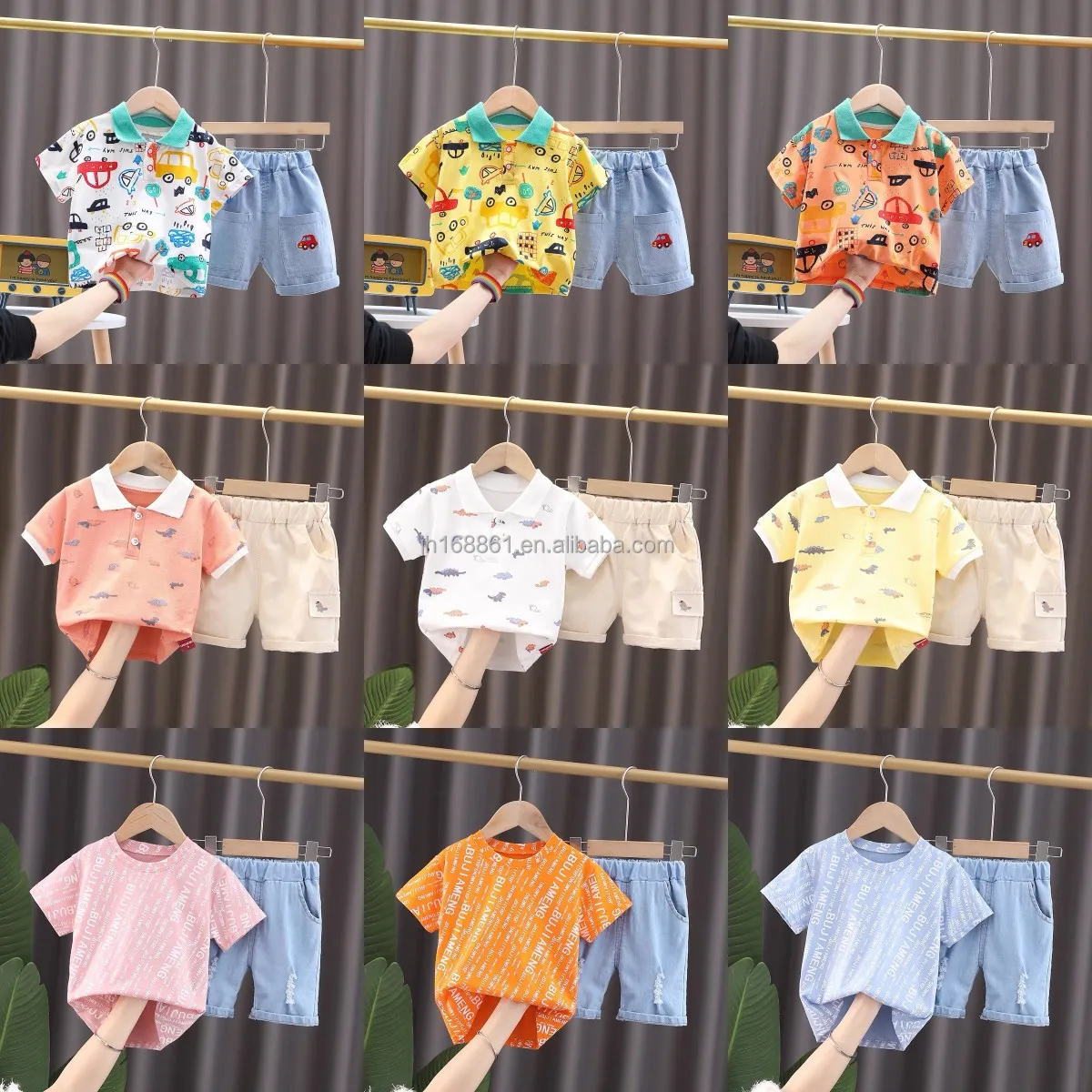 

Wholesale fruit print T-shirt with jeans overall children's boutique clothing set summer boy clothing set, Picture