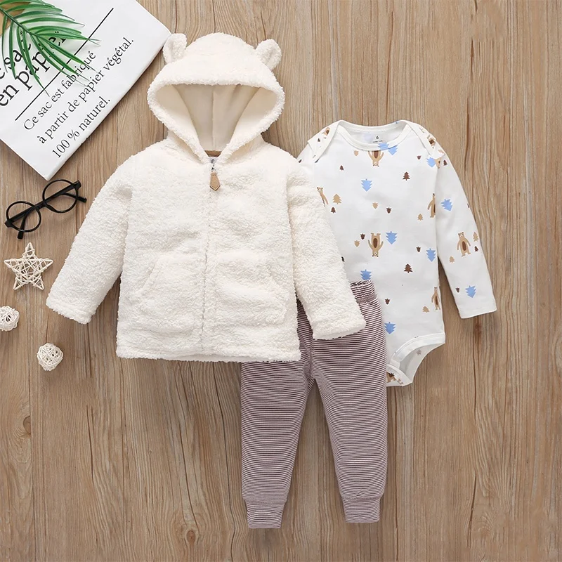 

Wholesale Autumn Earth Tone Style Woolen Newborn Baby Girl Fashion Anti-Static Matching Suit 3 Piece Clothing Set
