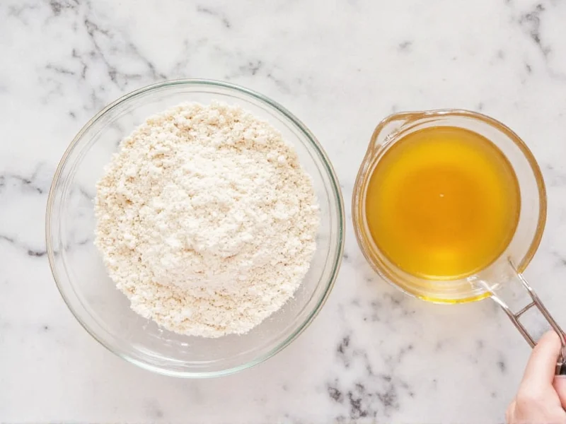 Measuring whole wheat flour and honey in glass bowls
