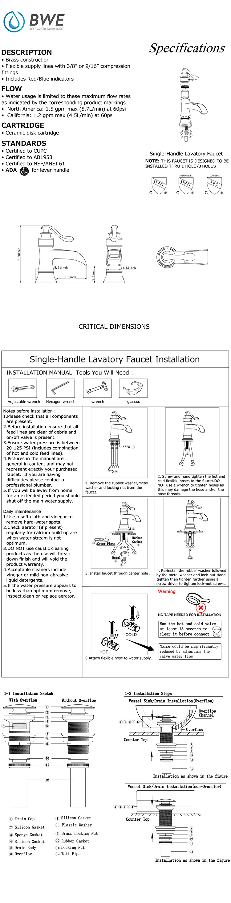 Bwe Cupc Cepillado Níquel-manejar Un Agujero Palanca Grifo Cascada Baño