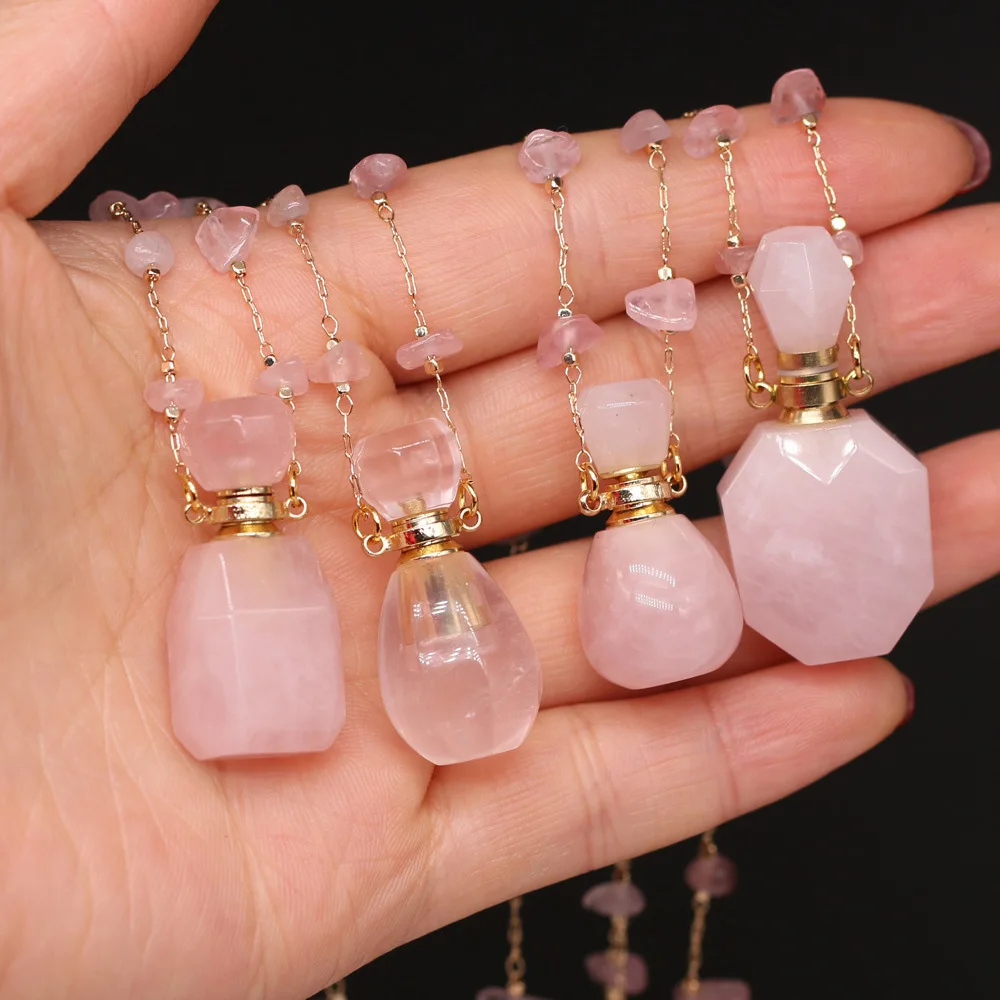 

21XL0025 Natural Stone Perfume Bottle Necklace Irregular clear Pink Quartz Pendant Charms For Women Gift 60 CM, 7 colors