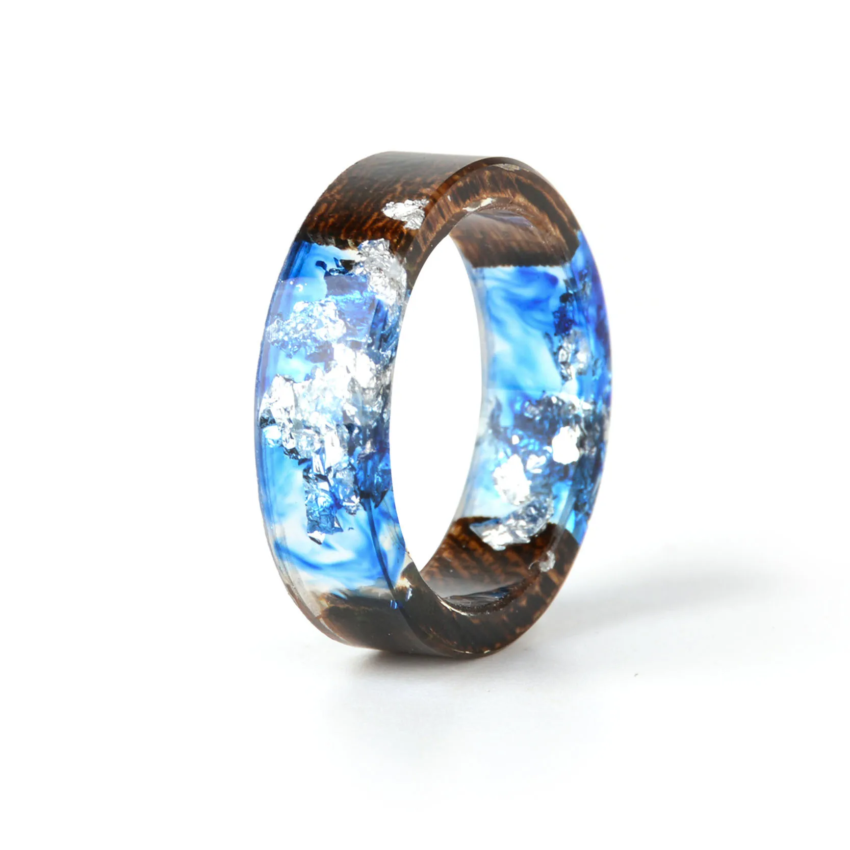 

Fashion Transparent Epoxy Wood Resin Ring Handmade Colorful Dried Flowers Clear Wooden Rings