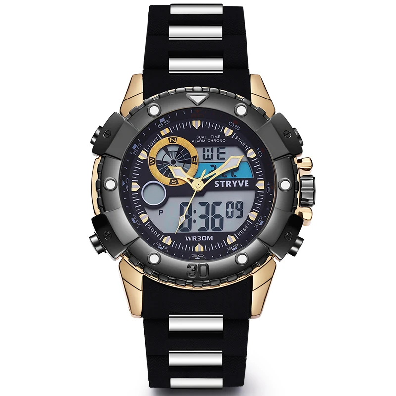 

Multifunction Sports Watches Stryve Brand Luxury Led Analog Clock Military Big Dial Dual Display Quartz Digital Men Watch