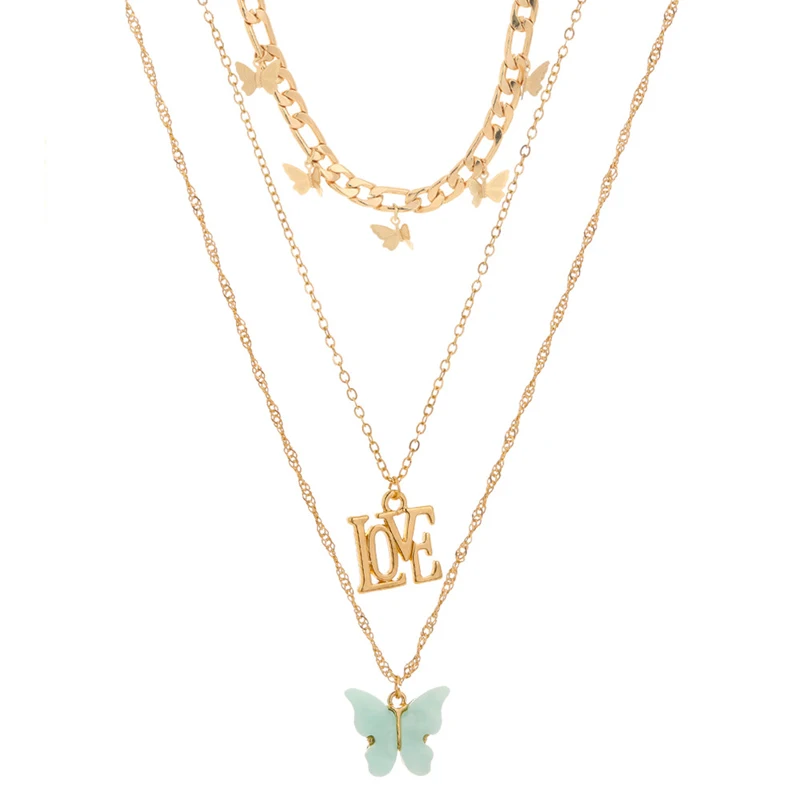 

Fashion women's gold letter LOVE butterfly thick and thin multilayer necklace TLN7