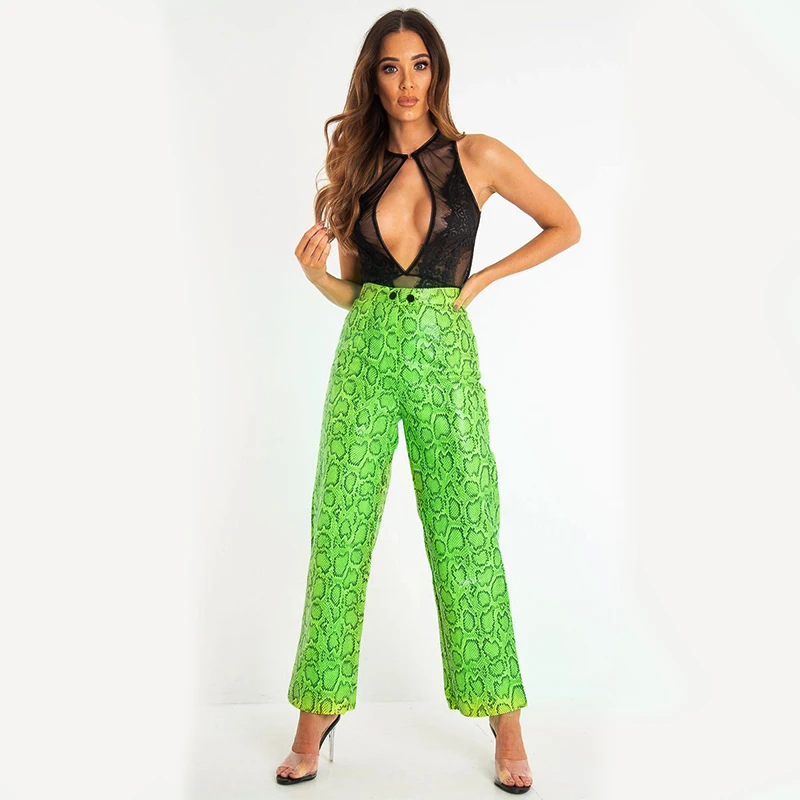 

New Fashion Wide Leg Button Neon Green Boa Snake Print Pants