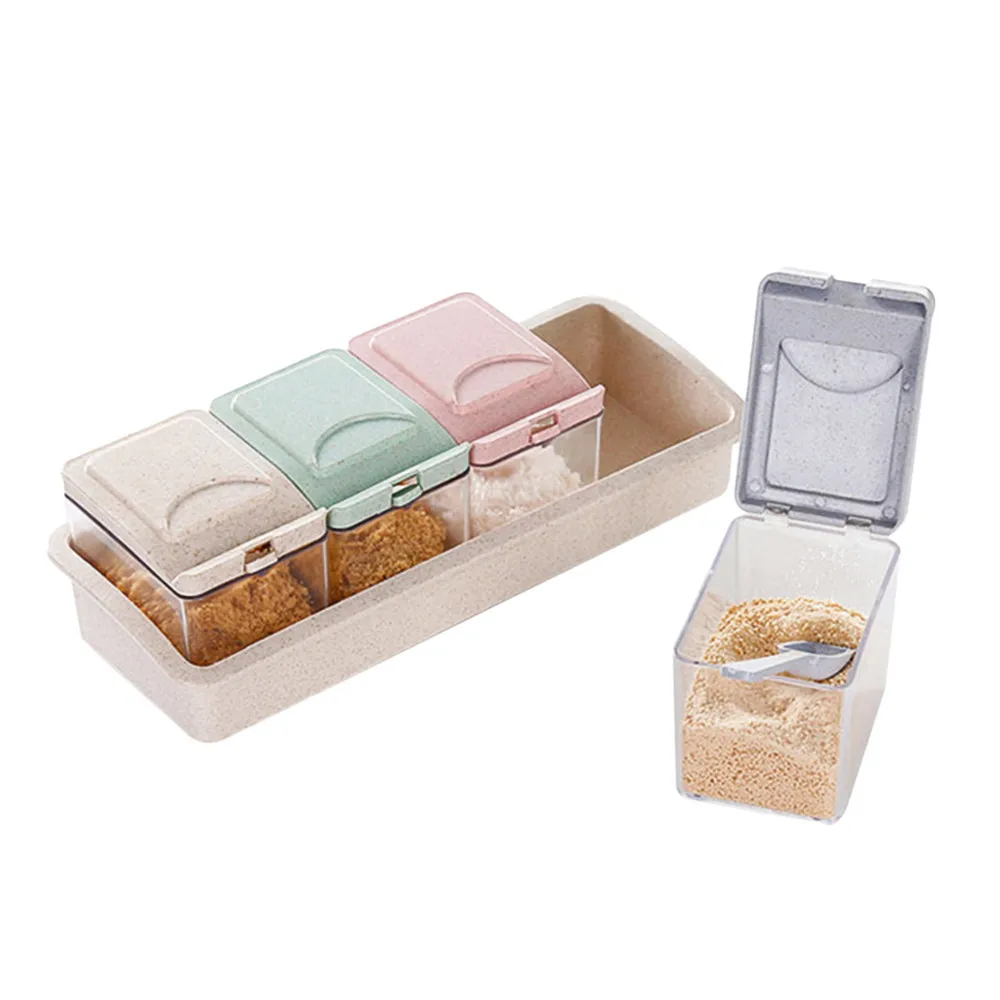 

1 Set Household Seasoning Box Wheat Straw 4-compartment Spice Storage Container with Spoon Kitchen Accessories