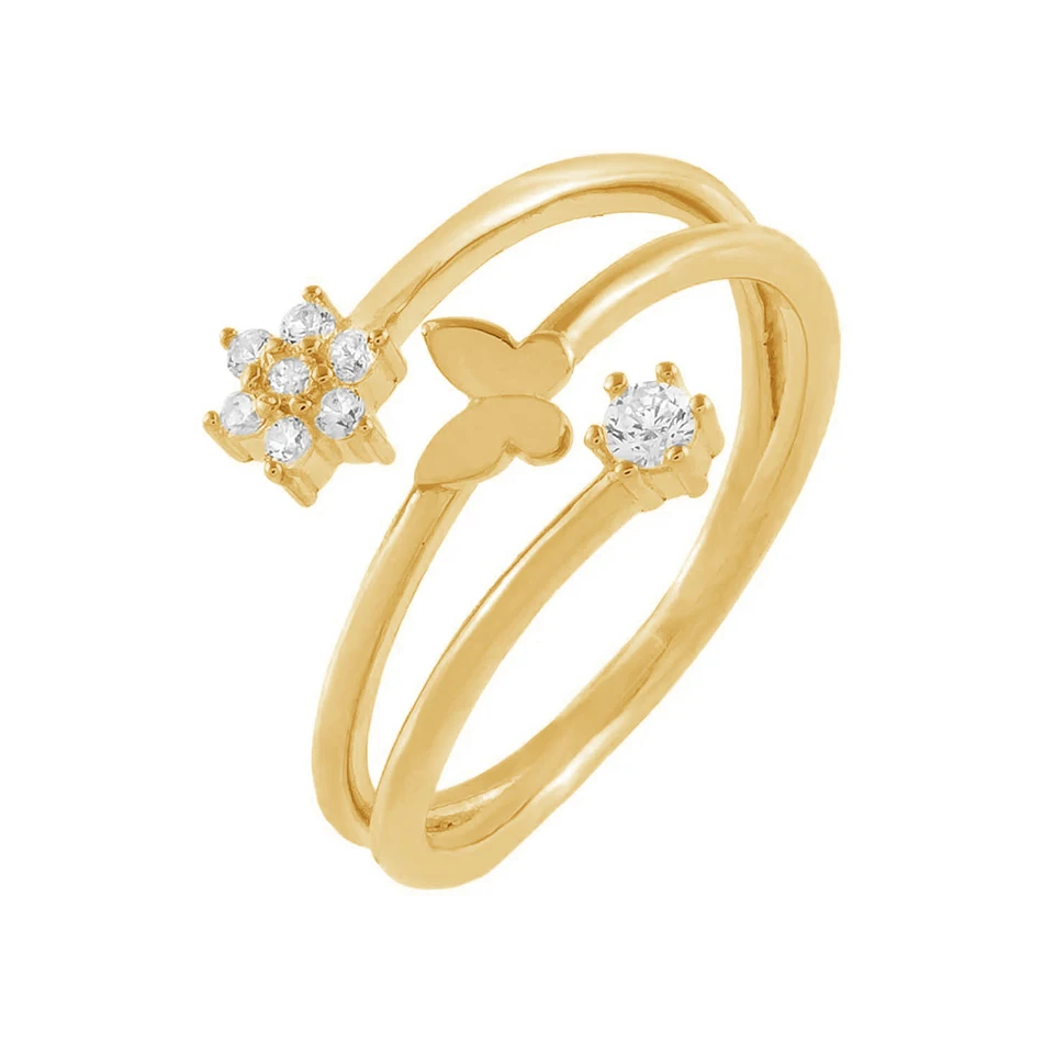

wholesale 925 Sterling silver ring for women 18K gold plated cubic zircon flower x butterfly wrap ring