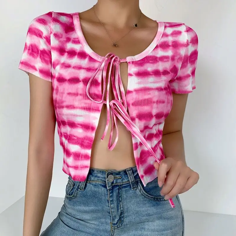 

blouse short sleeve mini cardigan ribbed shirt ladies front open self tie crop top