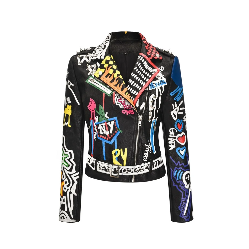 

2022 Wholesale New Custom Printed Rivet Short Street Letter Motorcycle leather Biker Jacket For Women