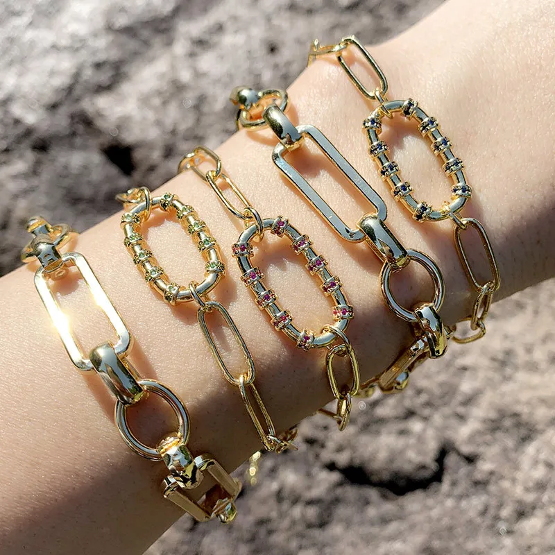 

Fashion Steampunk Jewelry Chunky Gold Curb Link Chain Bracelets Thick Geometric Cubic Zirconia Oval Bracelet