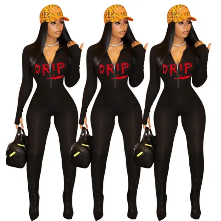 

TINA Hot Sale Zipper Stretchy Cool Fashion Letter Printing One Piece Jumpsuits Sexy Bodycon Jumpsuits