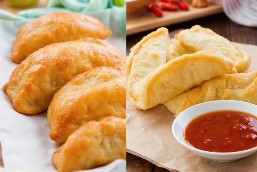 Two plates side-by-side: one with pastelillos, one with empanadillas