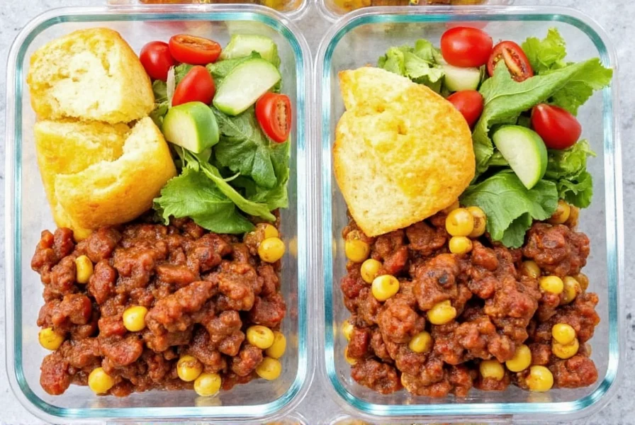 Meal prep containers filled with vegetarian chili alongside cornbread and salad, showing portioned servings for weekly lunches