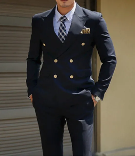 

Navy 2 Piece Sets Blazer And Pant Slim Fit Double Breasted Suit For Business Party All Year ZYL148, Navy as picture