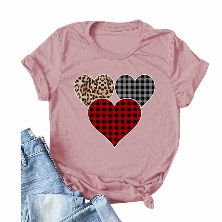 

LXY Women Plaid Leopard Heart Colored Print T-shirt Short Sleeve Valentines Love Graphic Tee Top