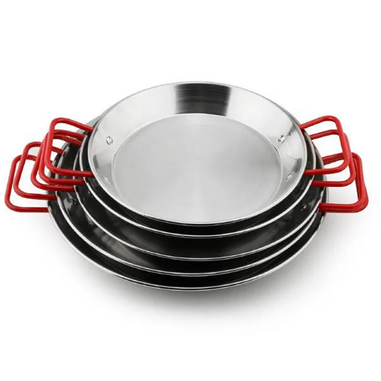 

Silver red handle double ears non-magnetic thickened Spanish stainless steel seafood pan, As the pictures
