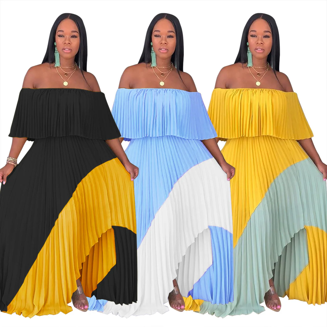 

Women's clothing Off-shoulder Pearl chiffon pleated patchwork long dress