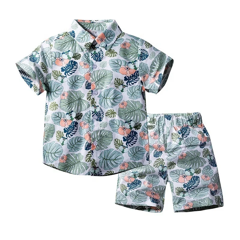 

Summer Kids Beach Style Printed Short-Sleeved Shirt + Casual Shorts 2PCS Suit, As picture