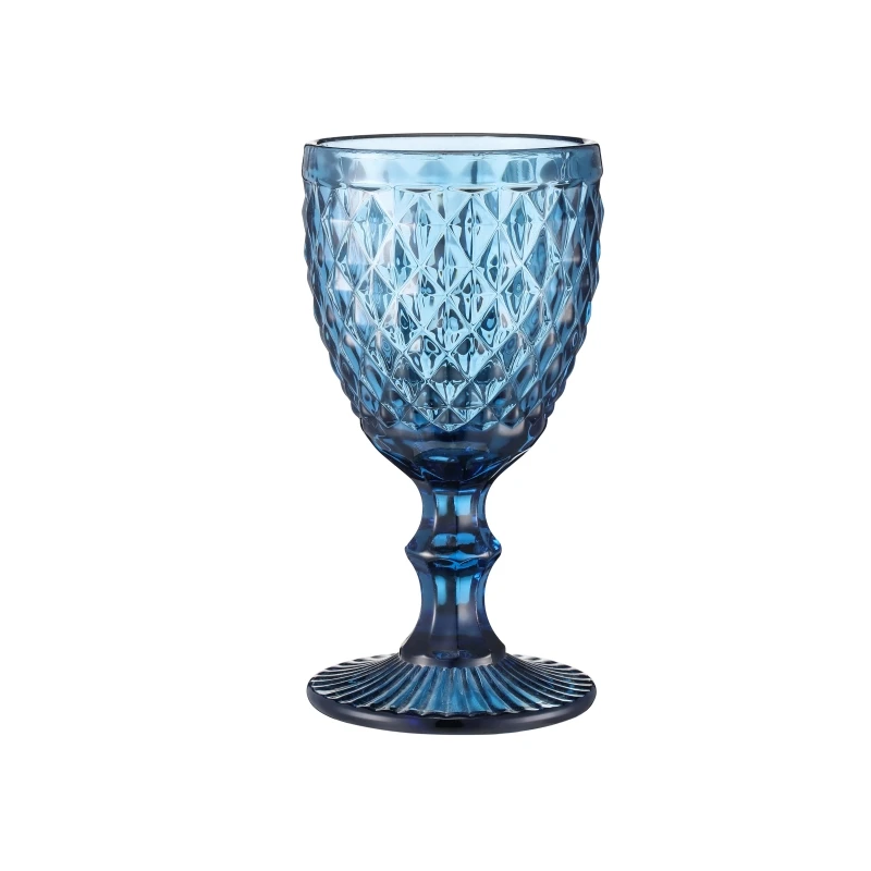 

Customized New Design Embossed Elegant Mirror Tumbler Glass Colored Goblet Wine Glass, Customized color acceptable