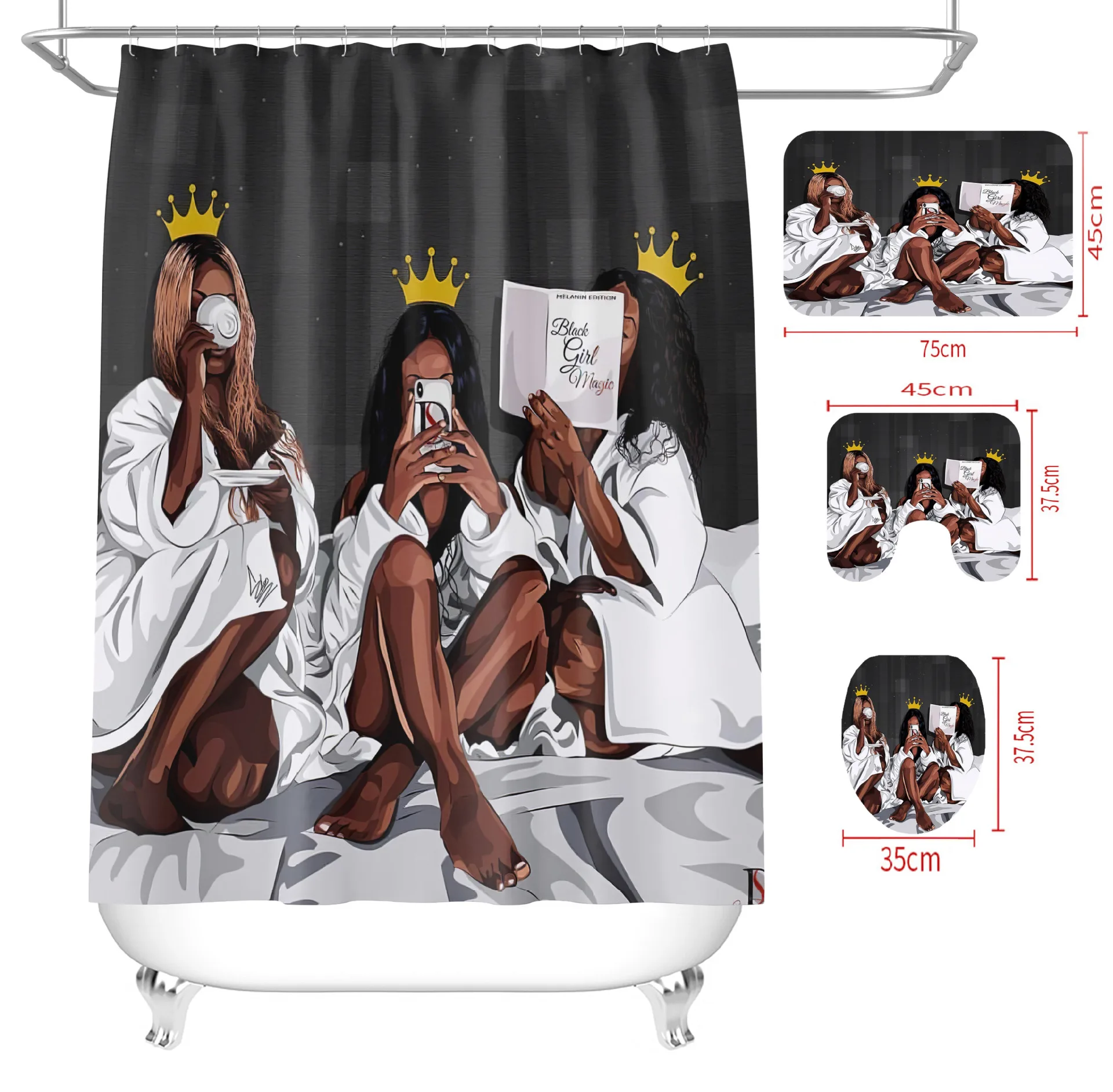 

Wholesale amazon african women 4 pieces shower curtains bath waterproof shower curtain and 3 mats, Picture