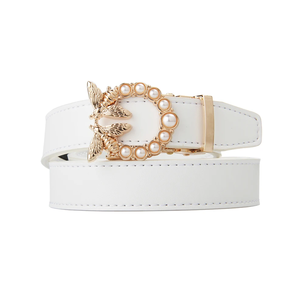 

Golden Pearl Bee Buckle White Adjustable Women Skinny Leather Belt Free Shipping