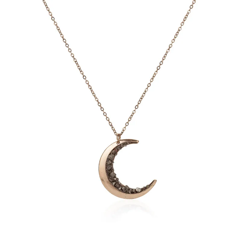 

Vintage Irregular crescent druzy necklace women Russian golden moon pendant necklace girls clavicle chain jewelry best gift for