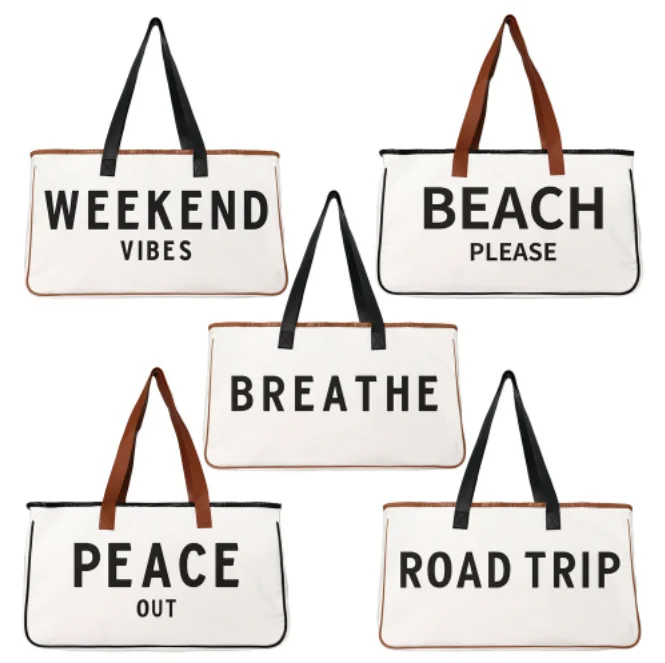 

Amazon hot selling new model custom logo canvas bag beach bag tote road trip everything tote bag with pu leather handle