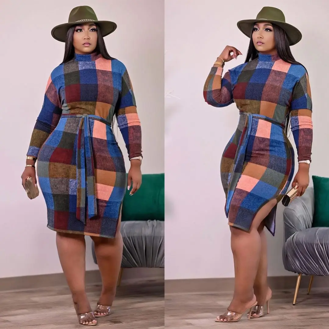 

xmhs 2021 new arrivals long sleeve bodycon sexy split party dress fashion Color-piece-together print casual women dress belts, Picture color