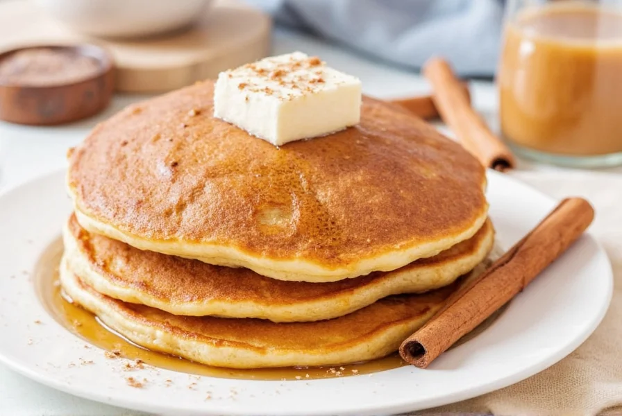Step-by-step visual guide showing cinnamon pancake batter pouring, bubble formation, and flipping technique