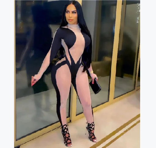 

AYP1067 Casual print color patchwork Turtleneck Jumpsuit Spring Autumn New Skinny Elastic Streetwear