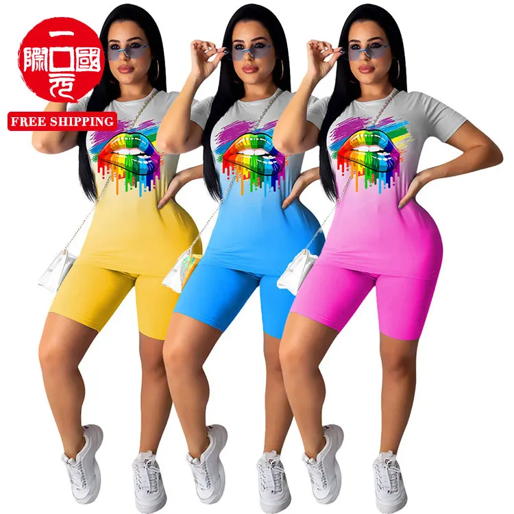

European and American leisure sports gradient printed lip pants two-piece suit women's suits