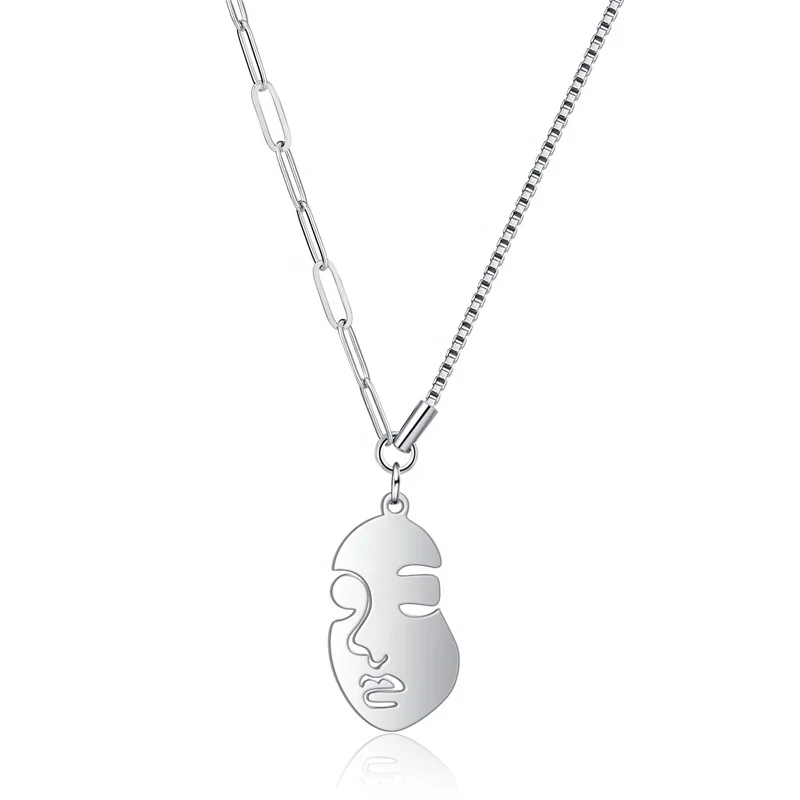

Fashion jewelry Stainless Steel Silver Shining Hollow Statement Human Face Pendant Necklace, Silver color