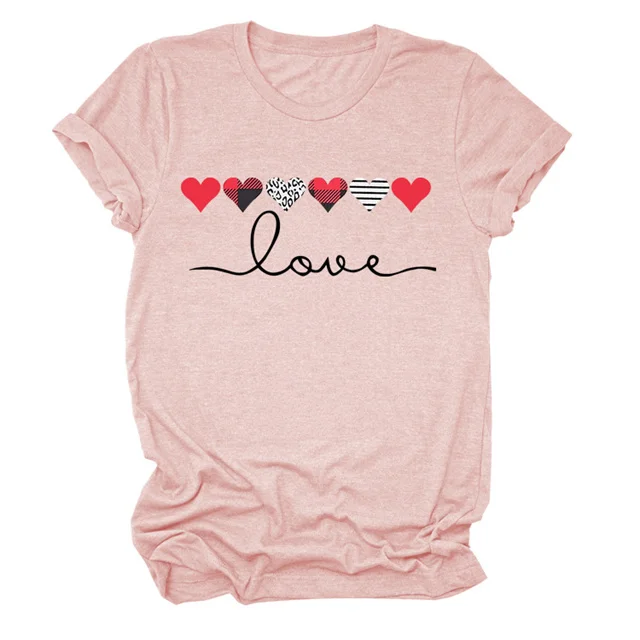 

Love Heart Print Valentine's Day Multicolor Comfortable All-match Short Sleeve Top, Picture color