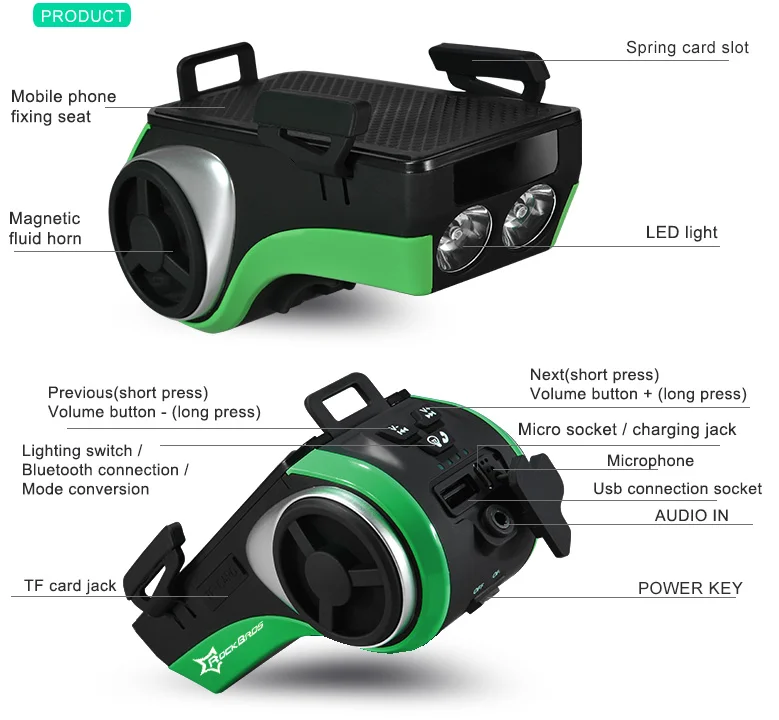 

Real Portable Multifunctional Audio Mountain Bike Bicycle Light Led Electronic Horn Radio Speaker, Black green