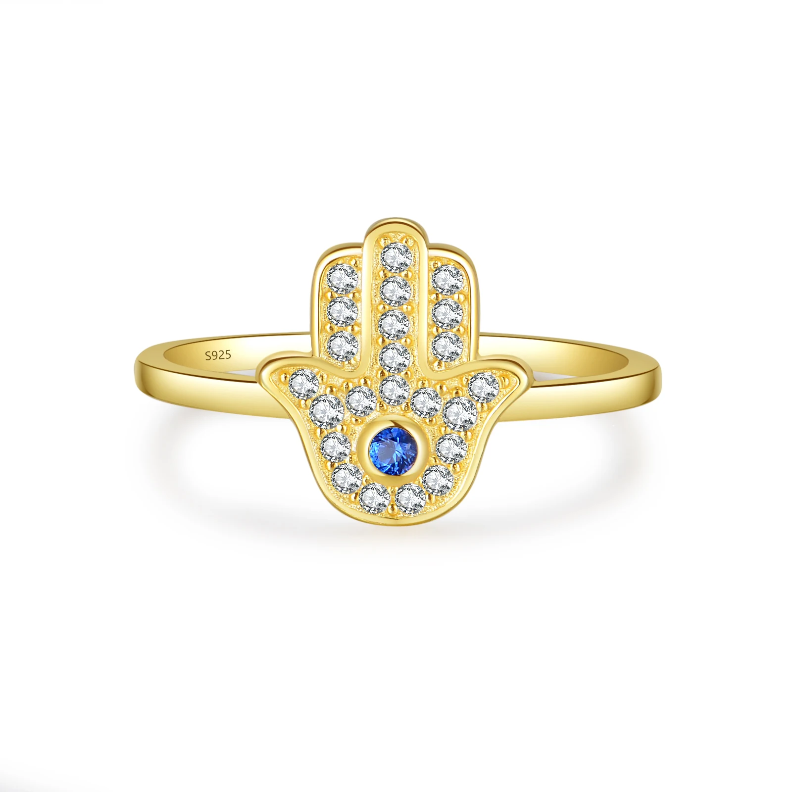 

Slovehoony S925 Sterling Silver 18K Gold Plated Hamsa Guiding Hand Ring Blue Gem Hamsa Jewelry