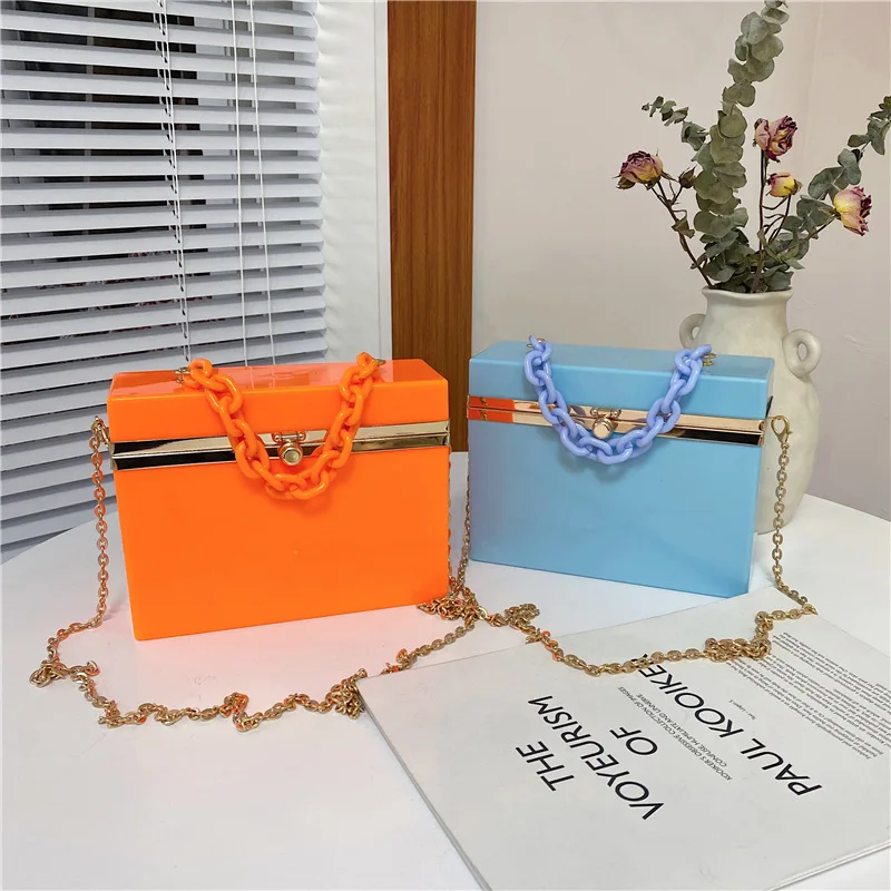 

New arrivial fashion candy acrylic box shape bags women mini handbags ladies crossbody shoulder clear purses 2021 with chain, 9colors