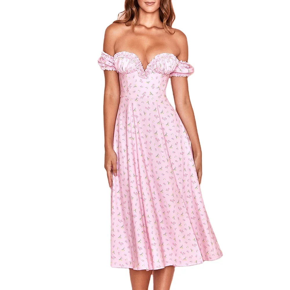 

Ladies Summer Dress Card Shoulder Holiday Style Casual Pink Lace floral Printed Short Sleeve midi Skirt