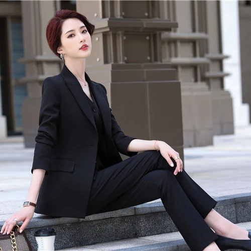 

Set Ladies Black Blazers 3pcs Suit Manufacture Direct Supply Womans Quality Casual Brands Women Breathable OEM Service Pockets