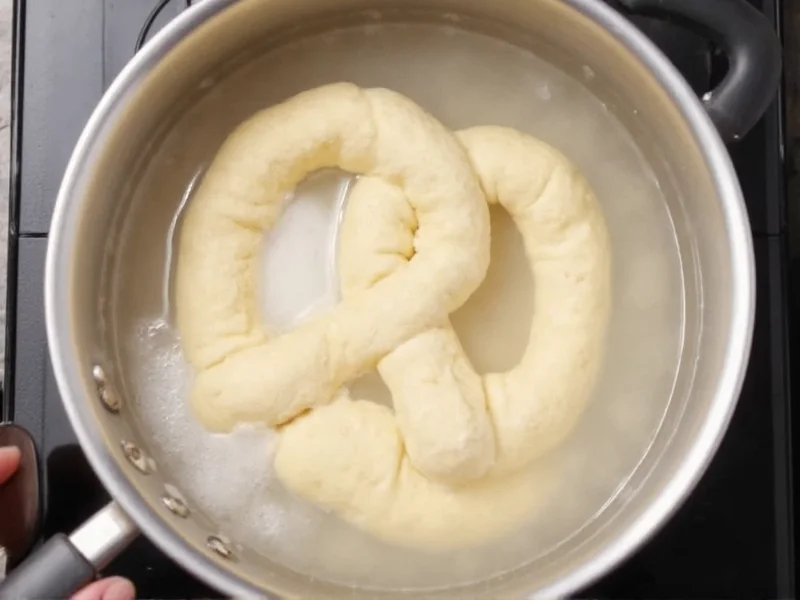 Boiling pretzel dough in baking soda solution for crust