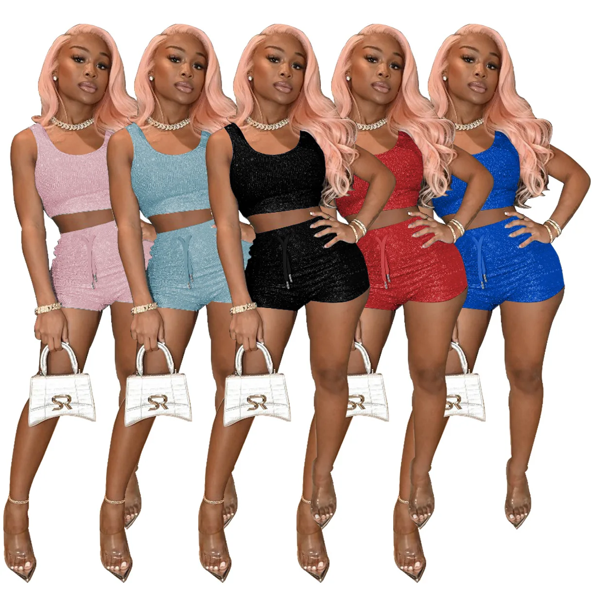 

Crop Top and Shorts Women 2 Pieces Set Summer Bling Fantasy Vest Drawstring Jogger Shorts Set Women Club Wear, Pink, red, black, peacock blue, light blue