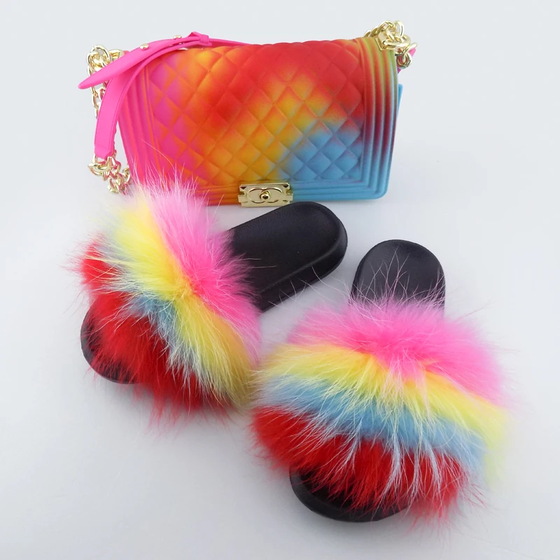 

PVC Matte Jelly Bag With Fox Fur Slippers Purse Bags Match Fur Slides Sandals Sets, 7 colors