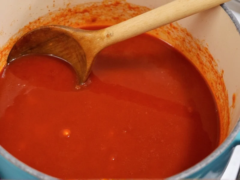 Simmering ketchup in saucepan with wooden spoon
