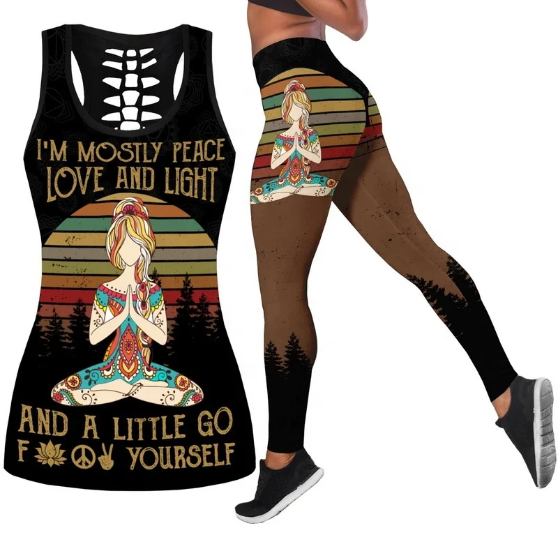 

Yoga Wear Sexy Flower Skull Print Yoga Clothes Hollow Vest Leggings Casual Sports Suit Yoga Set