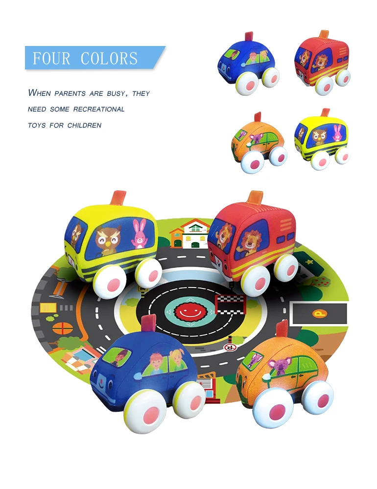 Children's gift infants inertia friction powered push 4 style cloth car toy car cartoon soft cloth pull back cars with mat