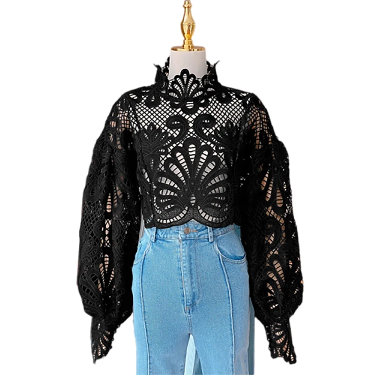 

Fall 2021 women lantern sleeve stand collar sexy perspective lace embroidery women top