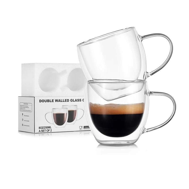 

CXT034 2pcs/Set Double Wall Glasses Mug High Borosilicate Glass Coffee Tea Mug Family Coffee Cup Set With Handle