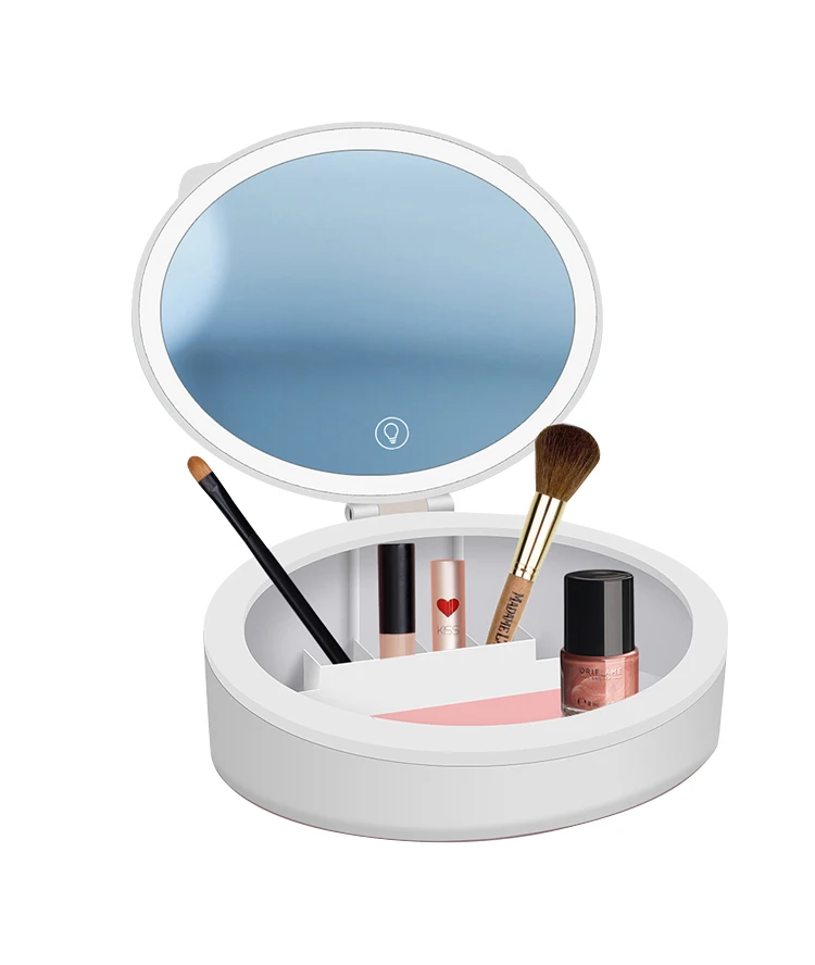 

Free Gifts Round Mini Mirror 10x Smart Touch Screen Small LED Makeup Mirror Custom Vanity Mirror With Jewelry Storage, White