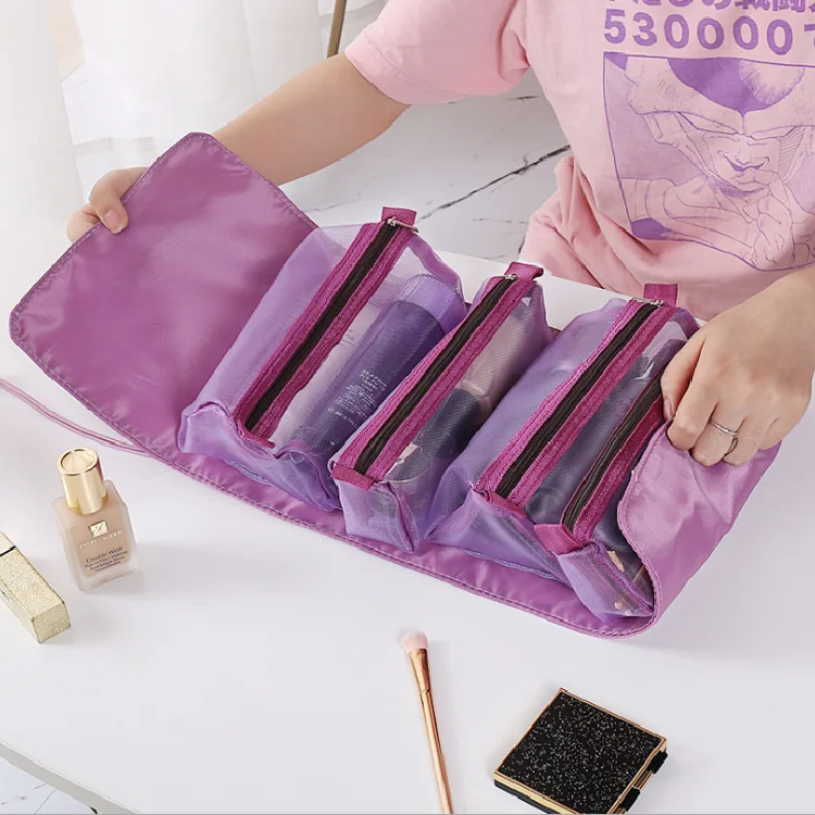 

2021 new style 4 in 1 foldable toiletry storage travel makeup bag handbags detachable cosemtic bags with brush holder, Customized