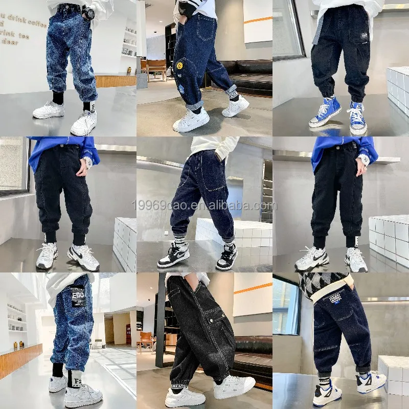 

Spring and autumn denim splash children's jeans children's Korean casual pants cute print boutique little boy's jeans, Black