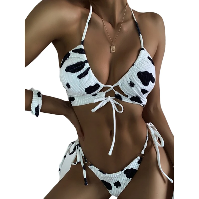 

2020 Cow Pattern Velvet Tie Side Bikini Swimsuit & Scrunchie Cow bikini set, Printing